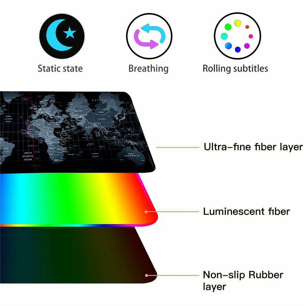 RGB LED Extra Large Soft Gaming Mouse Pad Oversized Glowing World Map 31.5X12''