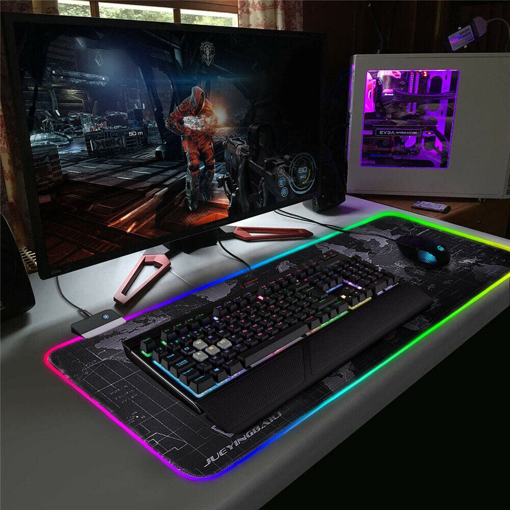 RGB LED Extra Large Soft Gaming Mouse Pad Oversized Glowing World Map 31.5X12''